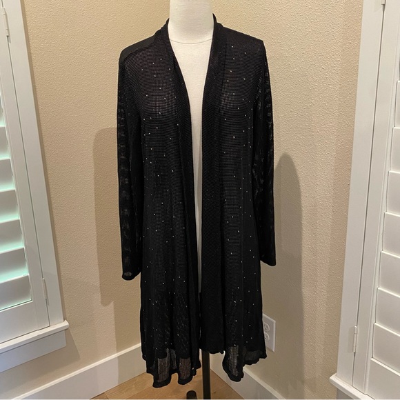 Slim Factor By Investments Open Front Cardigan Mesh Sparkle Rhinestone Black M - Picture 1 of 8